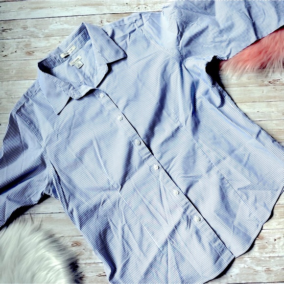 L.L. Bean Wrinkle-Free Button-Down 3/4 Sleeve Blue/White Striped Shirt, L, EUC - Picture 1 of 15